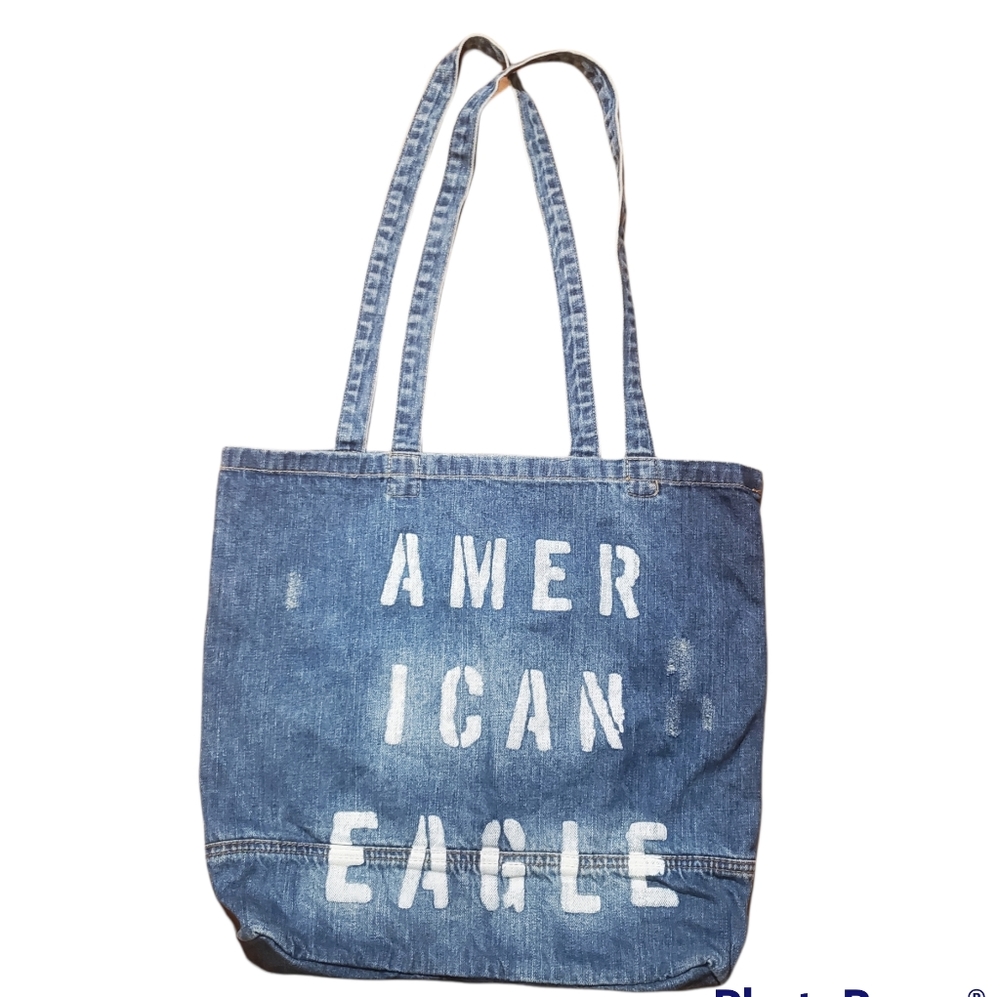AMERICAN EAGLE distressed denim tote bag purse satchel blue white letters